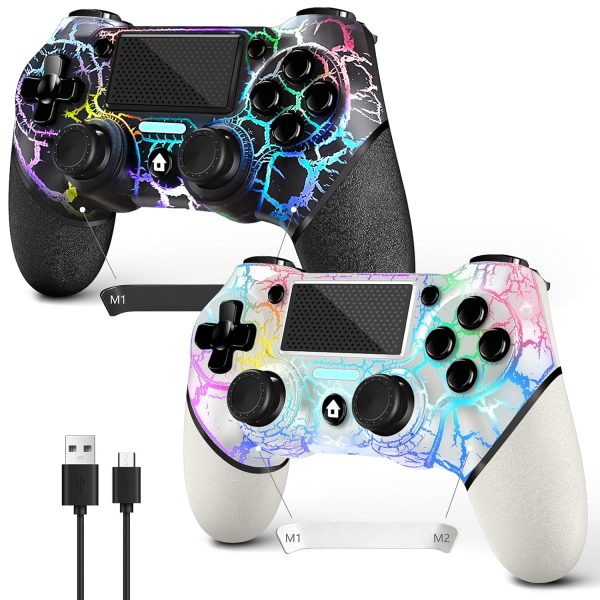 AceGamer Wireless Controller for PS4/Slim/Pro & PC. Black Crack RGB Light Gamepad with Turbo. 3.5mm Audio Jack & 1000mAh Battery